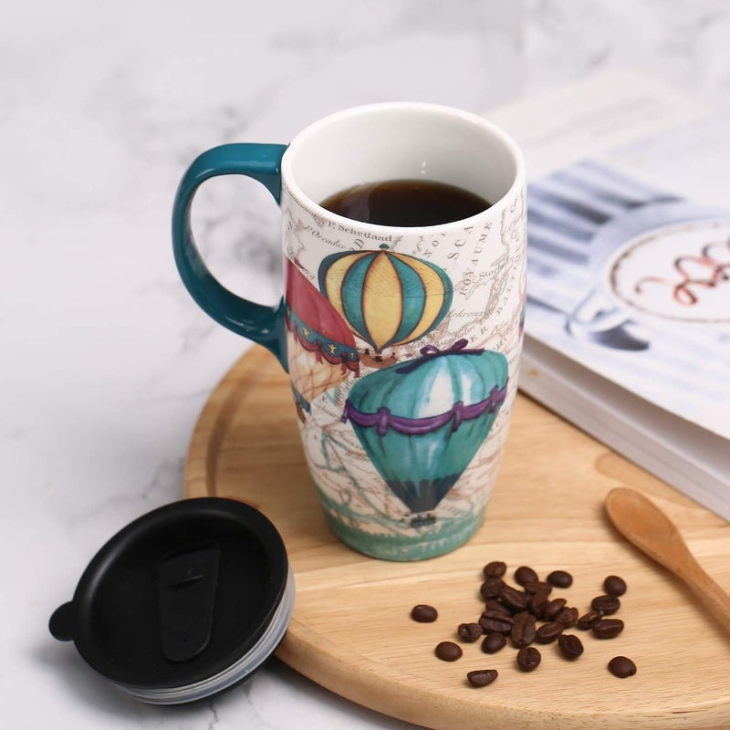 TZSSP Coffee Ceramic Mug Porcelain Latte Tea Cup With Lid 17oz. Balloon - Image 2